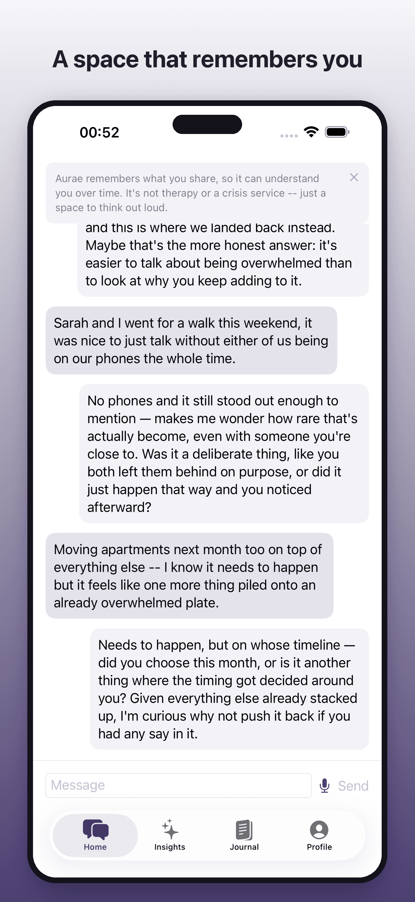 Aurae conversation screen showing a reflective back-and-forth exchange