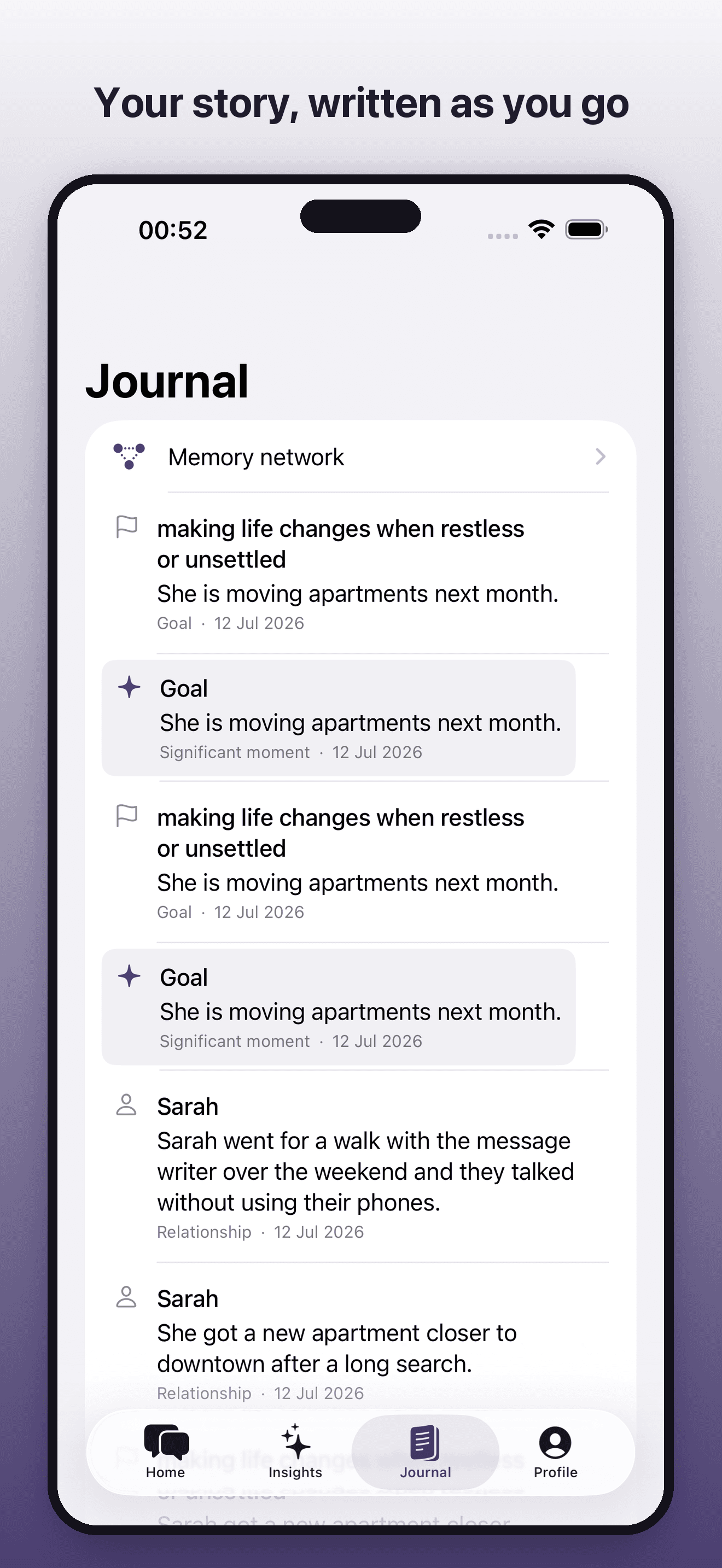 Journal screen — Your story, in order