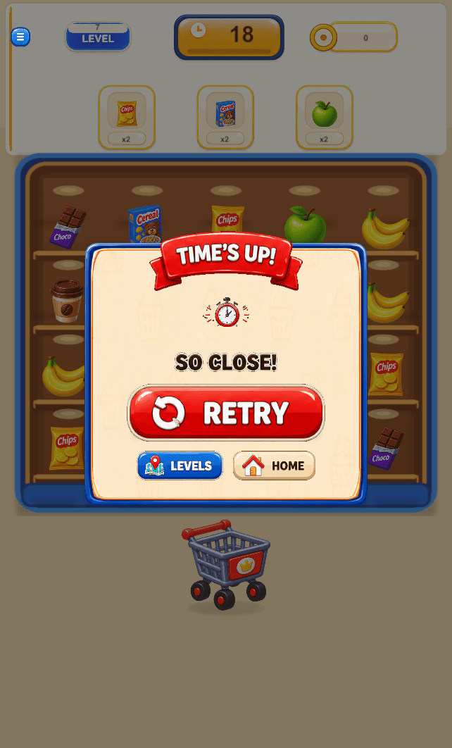 ShelfRush's Time's Up screen, offering an immediate retry